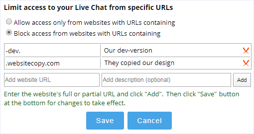 Chat access limitation by website