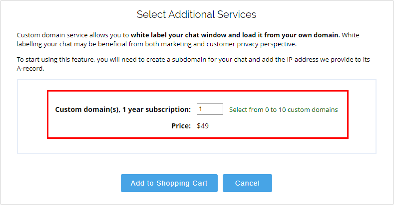 Screenshot of Purchase page with custom domain option