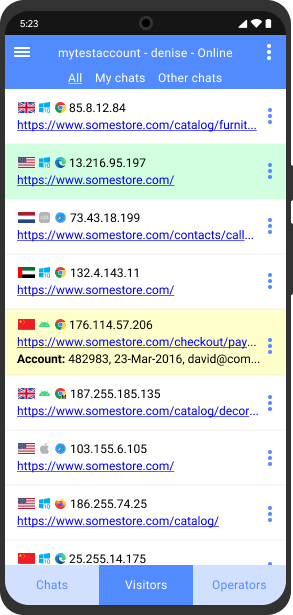 ウェブサイトの訪問者数をリアルタイムで確認する エージェントのためのAndroidアプリでリアルタイムの訪問者の監視