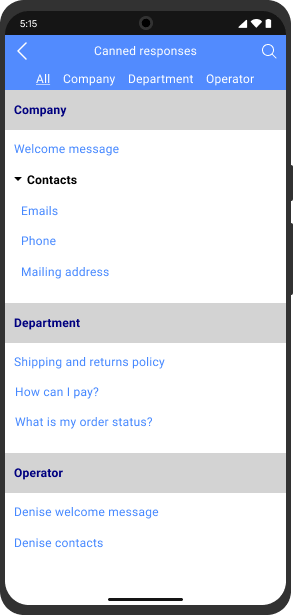 定義済みの回答のセットを作成し、それらを使用してモバイルでの入力時間を節約する Android チャットアプリでの缶詰の応答画面