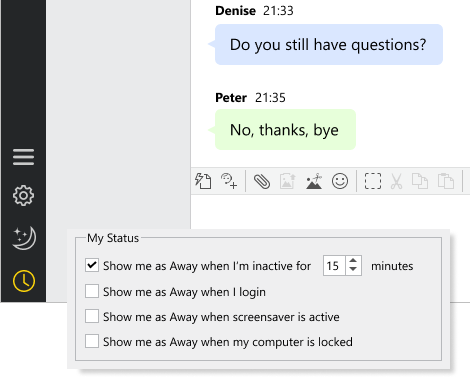 留守時にステータスを自動的に変更するルールを選択する ネイティブ デスクトップ アプリのエージェントステータス オプション
